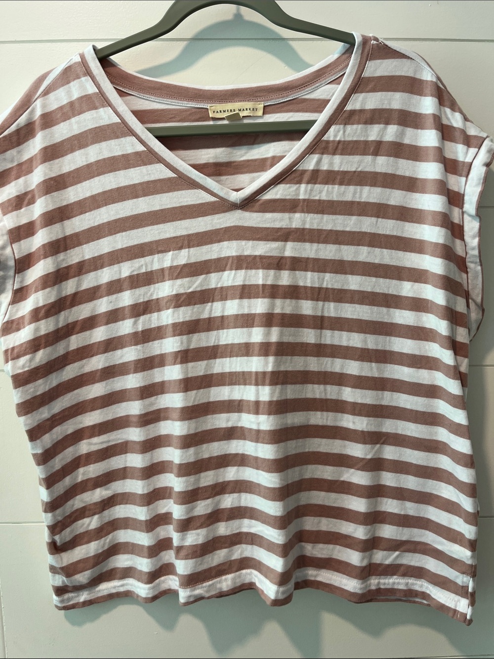 Farmers Market Pink & White Striped V-Neck Tee